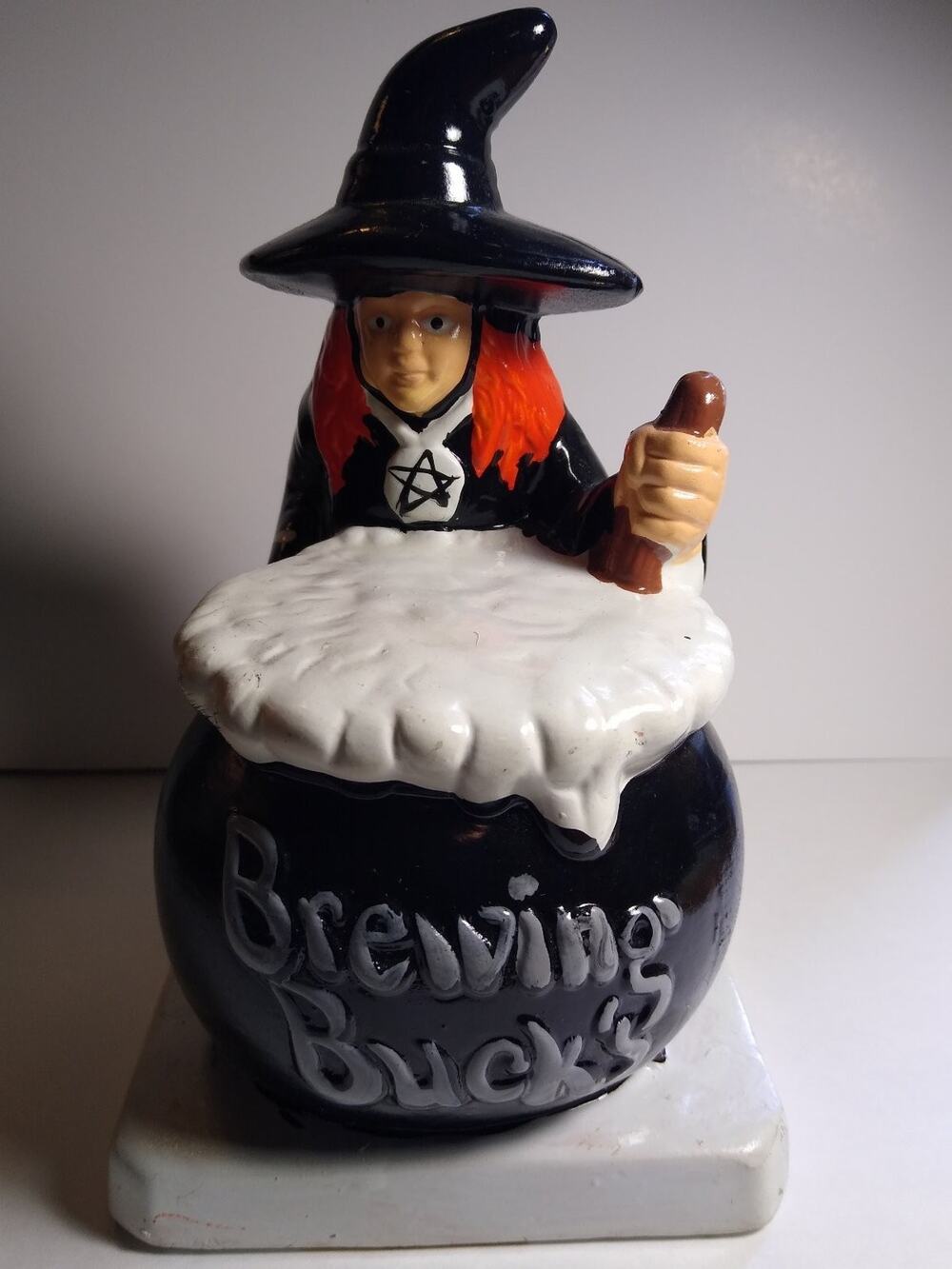 Halloween Witch Cauldron Bank Brewing Bucks Black Cat Pentagram Ceramic Decor